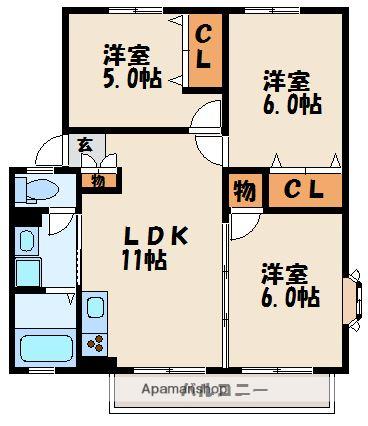サンビレッジ福間(3LDK/1階)の間取り写真
