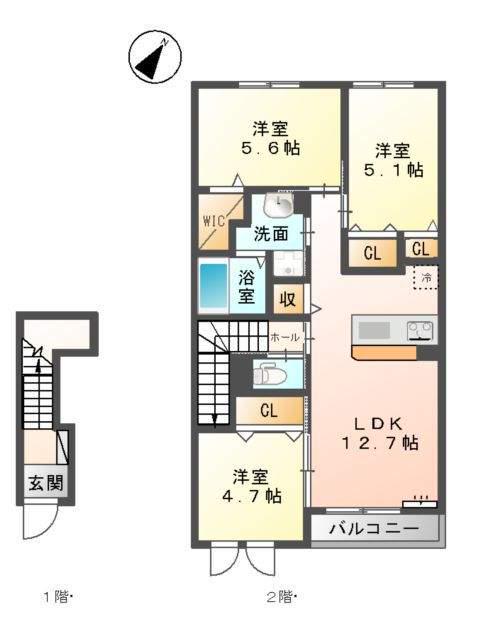 山椿 B棟(3LDK/2階)の間取り写真
