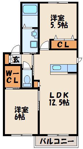 クラニアB棟(2LDK/1階)の間取り写真