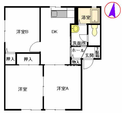 ディアス元岡  1番館(3DK/1階)の間取り写真