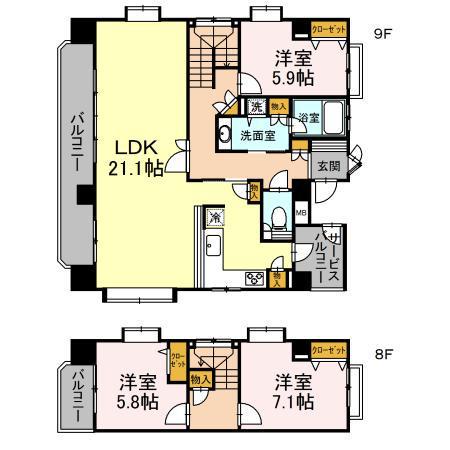 リージェント大橋(3LDK/9階)の間取り写真