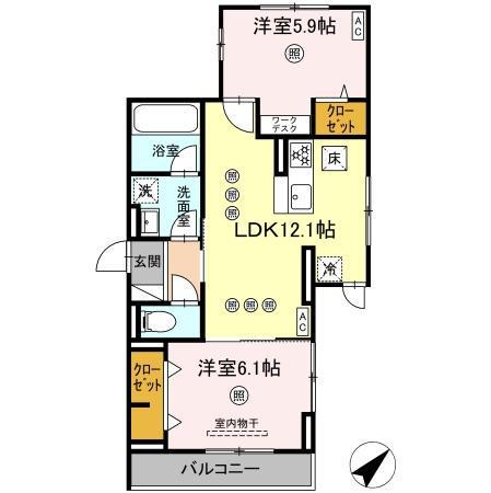 DーRESIDENCE光丘町B棟 B棟(2LDK/1階)の間取り写真
