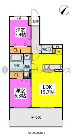 アリエス ヤナセ(2LDK/1階)の間取り写真