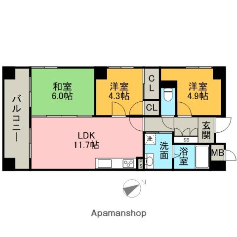 フェイズイン山王公園前(3LDK/7階)の間取り写真
