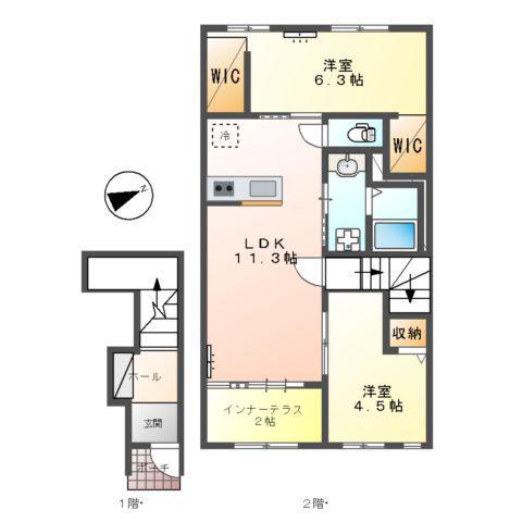 カーサ・はなみずき(2LDK/2階)の間取り写真