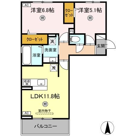 トリシア野多目I(2LDK/2階)の間取り写真