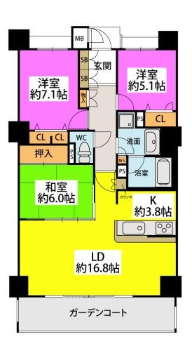 アイランドシティ・ヴェルデコートⅠ区4番館1202号(3LDK/12階)の間取り写真
