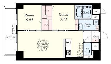博多グランドレジデンス(2LDK/2階)の間取り写真