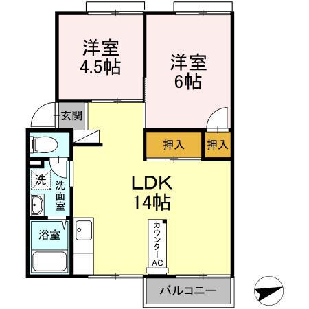 プレジール弥生が丘 A(2LDK/2階)の間取り写真