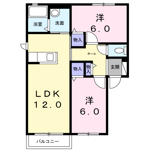 ヴィラ響A棟(2LDK/2階)の間取り写真
