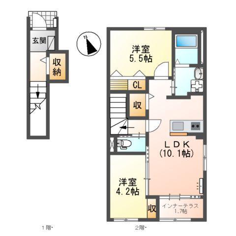 大里戸ノ上1丁目アパート(2LDK/2階)の間取り写真