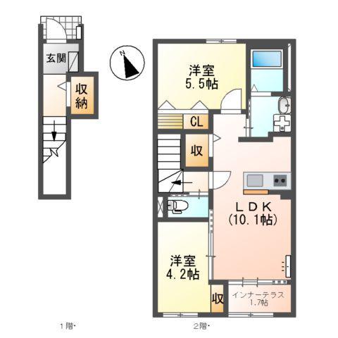 大里戸ノ上1丁目アパート(2LDK/2階)の間取り写真