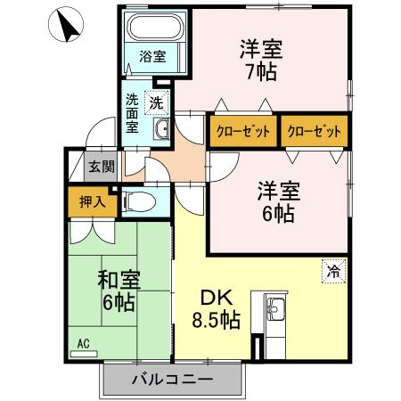 あいハイムB棟(3DK/2階)の間取り写真