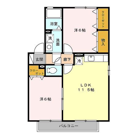 グランシャリオ徳久B(2LDK/2階)の間取り写真