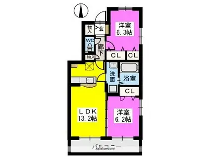 グリーンライフ西南杜(2LDK/2階)の間取り写真