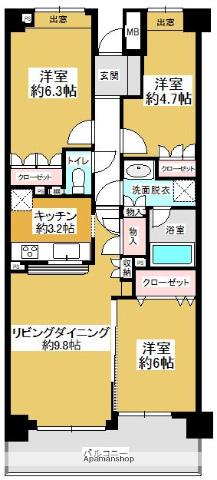 西新・曙パーク・ホームズ(3LDK/3階)の間取り写真