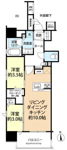デュオヴェール西新CORSO(2LDK/2階)の間取り写真