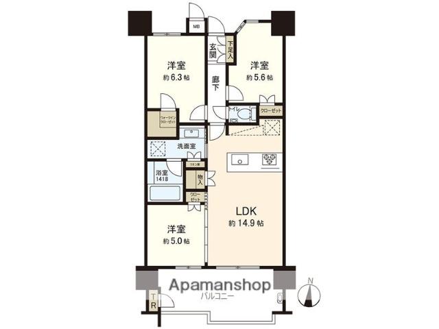 サンリヤン別府四丁目(3LDK/10階)の間取り写真