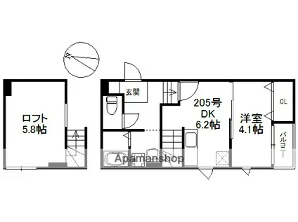 ラフィーナ次郎丸(1DK/2階)の間取り写真