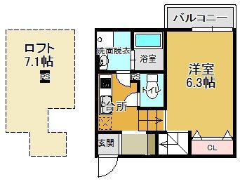 シャレオ姪浜Ⅱ(1K/2階)の間取り写真