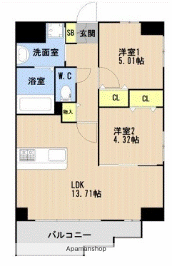 LIBTH高取Ⅱ(2LDK/6階)の間取り写真