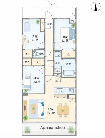 テラフォルトゥーナ(3LDK/4階)の間取り写真