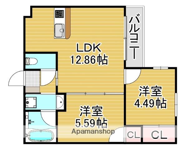 フェリスタ六本松南(2LDK/3階)の間取り写真