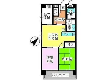 福岡市箱崎線 呉服町駅(福岡) 徒歩3分 6階建 築34年(2SLDK/3階)の間取り写真