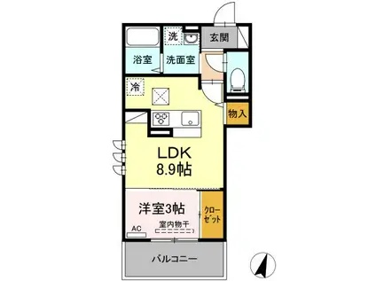 D-ROOM竹下 B棟(1LDK/1階)の間取り写真