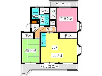 ロイヤルハイツ泉(2LDK/4階)の間取り写真