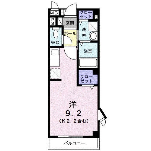 メビウス鏡Ⅱ番館(1K/2階)の間取り写真