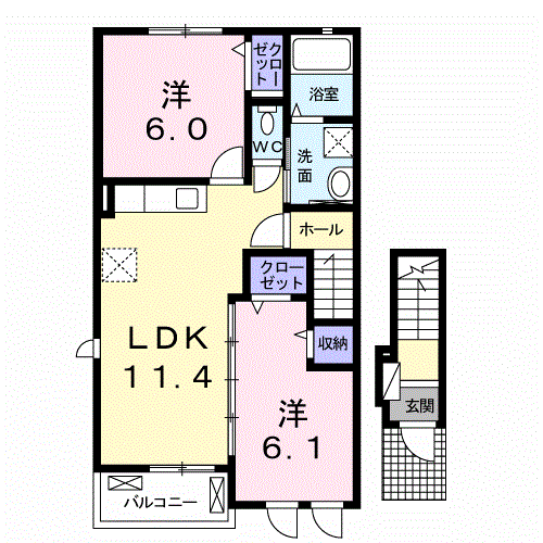 プロムナードソレイユB(2LDK/2階)の間取り写真