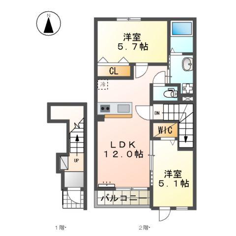 鏡アパートB棟(2LDK/2階)の間取り写真