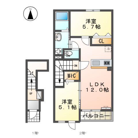 鏡アパートB棟(2LDK/2階)の間取り写真