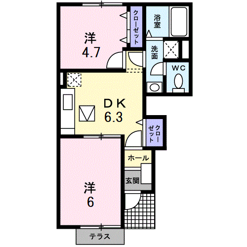 カーサ・セレーノA(2DK/1階)の間取り写真