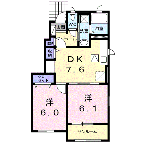 プリンセッサE棟(2DK/1階)の間取り写真