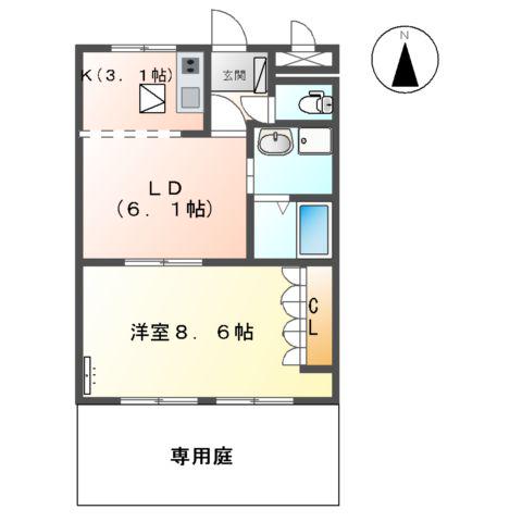 グリーンハイム甘木(1LDK/1階)の間取り写真