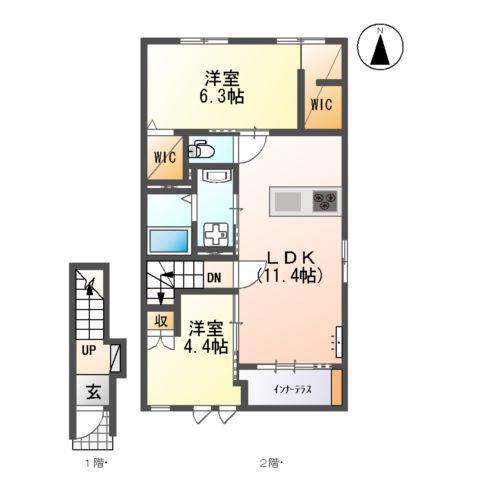 ボンヌール(2LDK/2階)の間取り写真