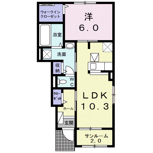 ソレアード花月(1LDK/1階)の間取り写真