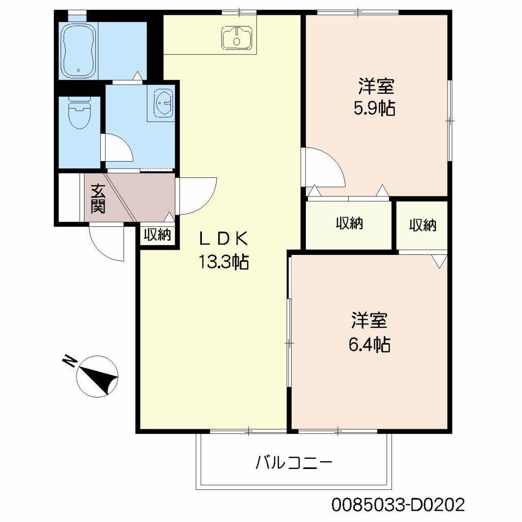 ハイラーク甘木D棟(2LDK/1階)の間取り写真