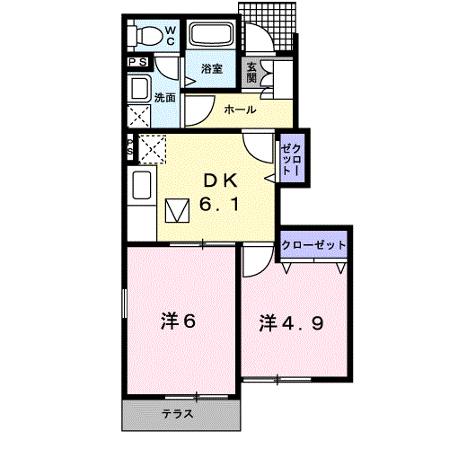 カーサ・フィオーレC(2DK/1階)の間取り写真