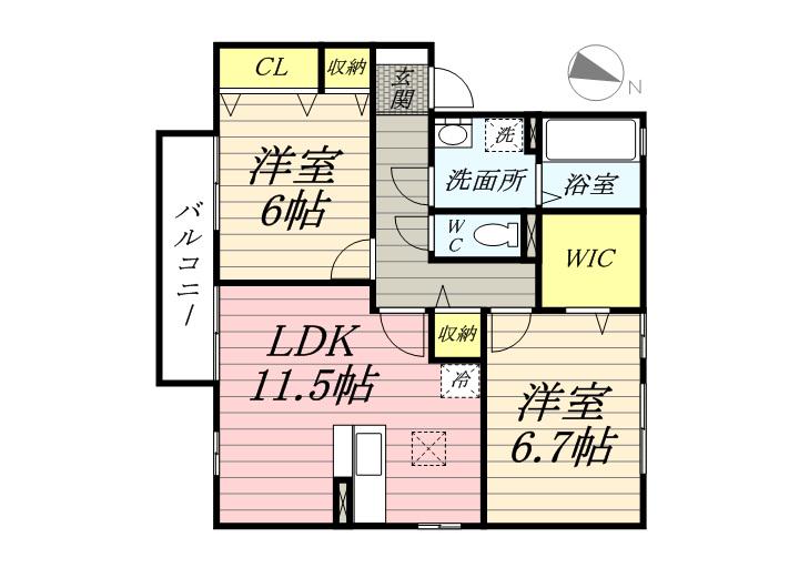 ウィルコートB棟(2LDK/1階)の間取り写真