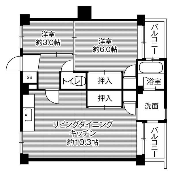 ビレッジハウス古賀5号棟(2LDK/4階)の間取り写真