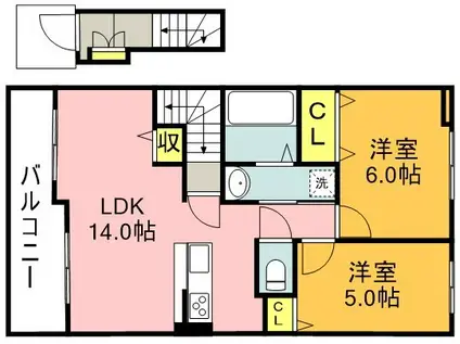 ロータス川宮2(2LDK/2階)の間取り写真