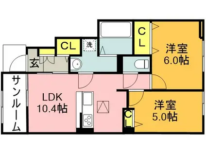 ロータス川宮2(2LDK/1階)の間取り写真