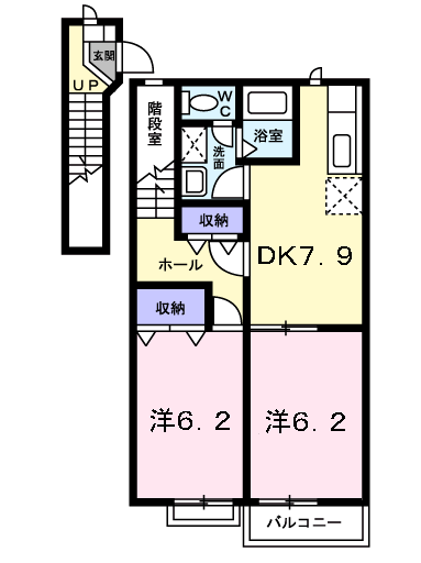 ソレアード本城 A棟(2DK/2階)の間取り写真