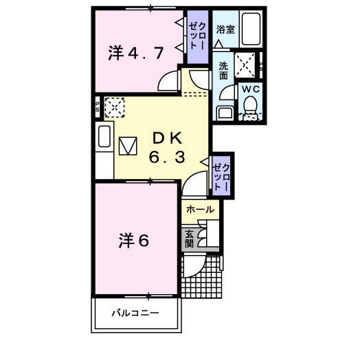 ヴィラージュ波風 D棟(2DK/1階)の間取り写真