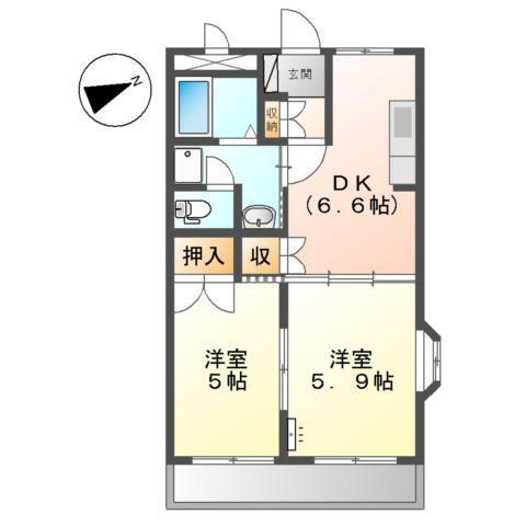 ビッグフォレスト壱番館(2DK/2階)の間取り写真