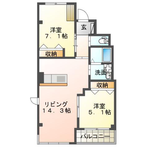 鹿児島本線 折尾駅 バス乗車時間：22分 小敷公民館前バス停で下車 徒歩12分 3階建 築9年(2LDK/2階)の間取り写真