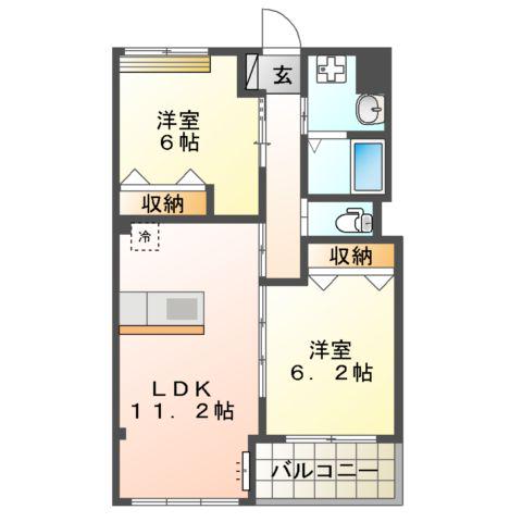 鹿児島本線 折尾駅 バス乗車時間：22分 小敷公民館前バス停で下車 徒歩12分 3階建 築9年(2LDK/3階)の間取り写真